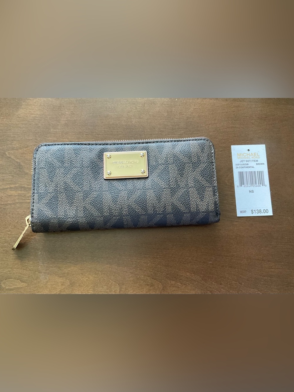 Michael Kors Brown Signature Zip Around Wallet with Gold Plaque